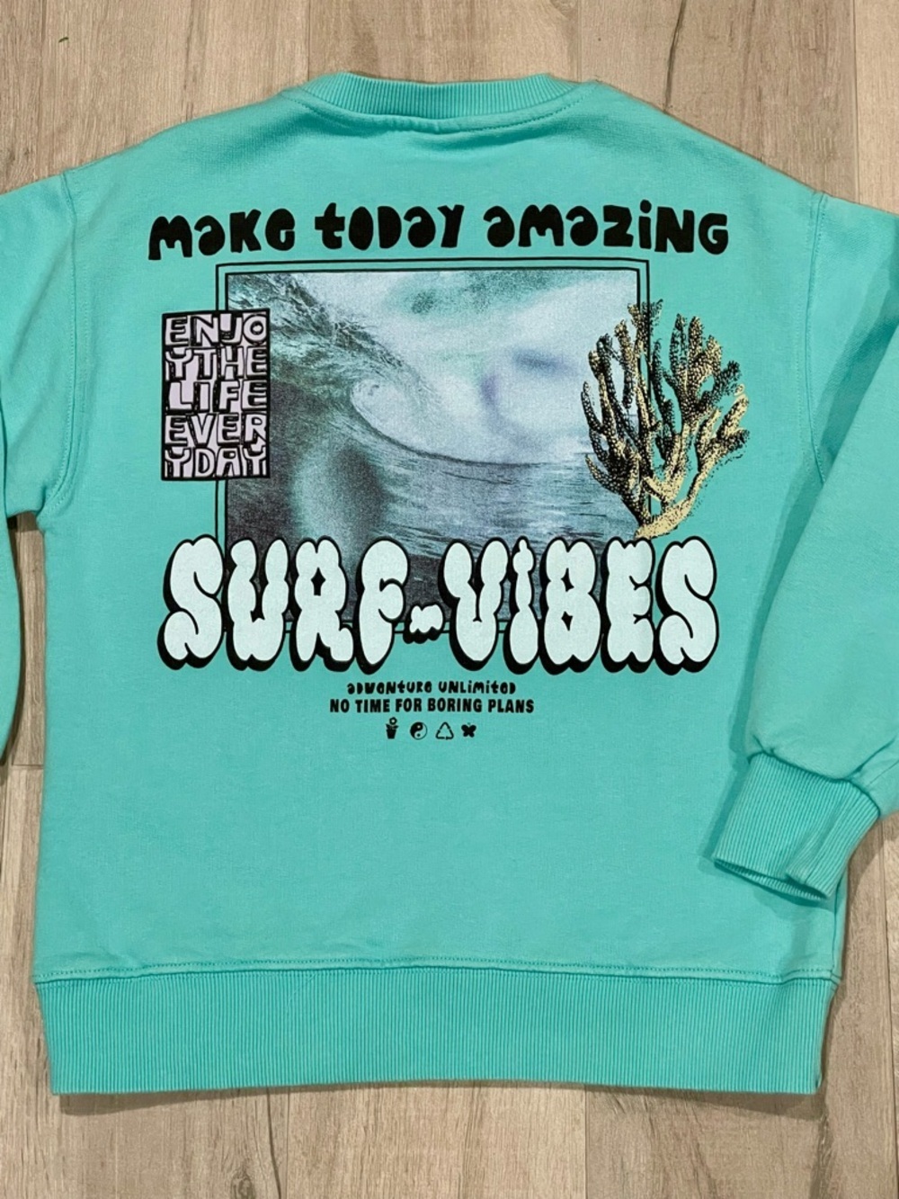 ZARA Kids Surf Vibes Sweatshirt Teal Graphic Crewneck Size 10 (140 cm) Boys